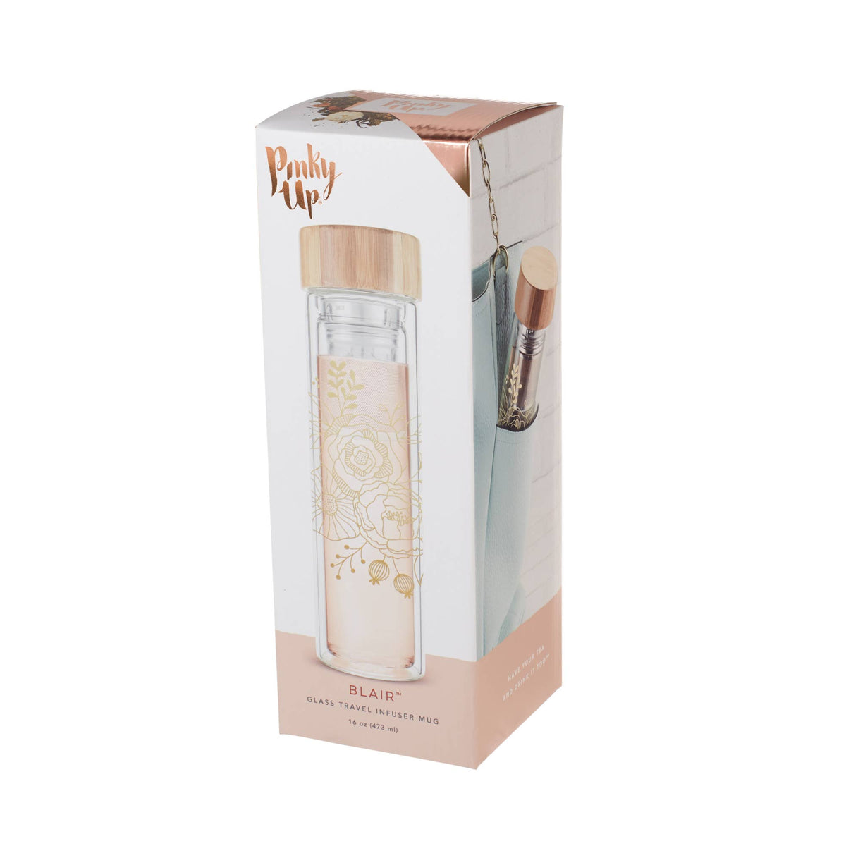 Blair™ Insulated Glass Travel Mug with Tea Infuser Bouqet - Fresh Start Candles