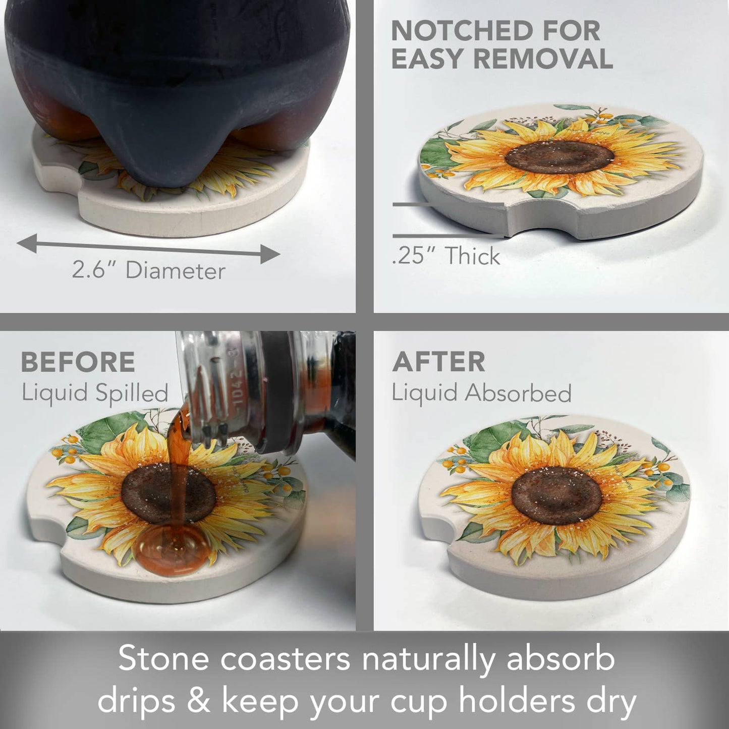 Car Coaster Sunflower Fields Absorbent Stone 1 Pk - Fresh Start Candles