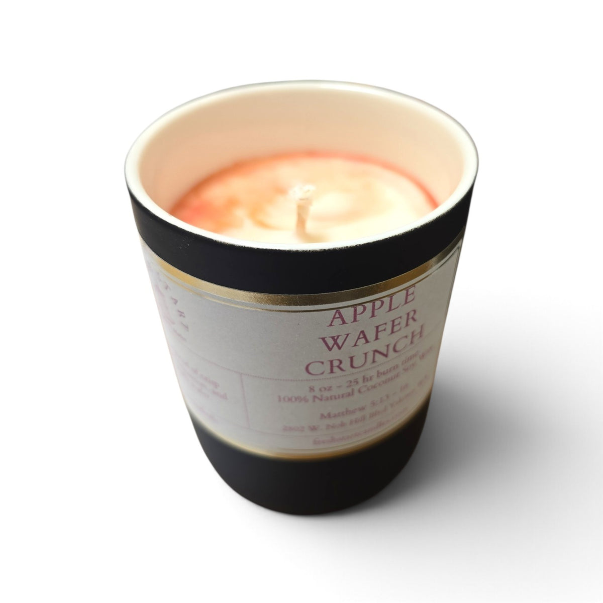 Fresh Start Candles Apple Wafer Crunch scented candle in a black matte vessel with a cotton and hemp wick