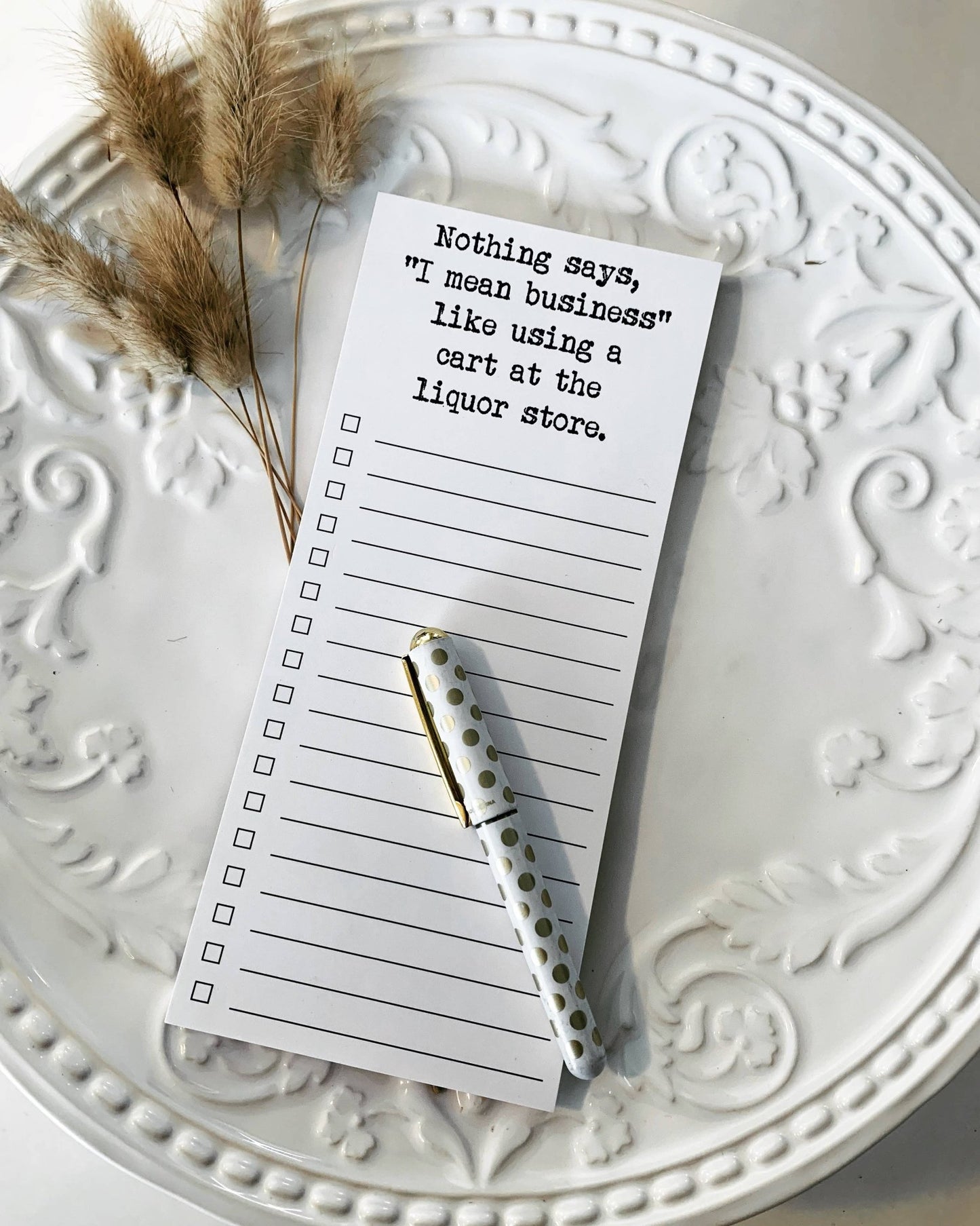 Nothing says I mean business | cart at liquor store list pad - Fresh Start Candles