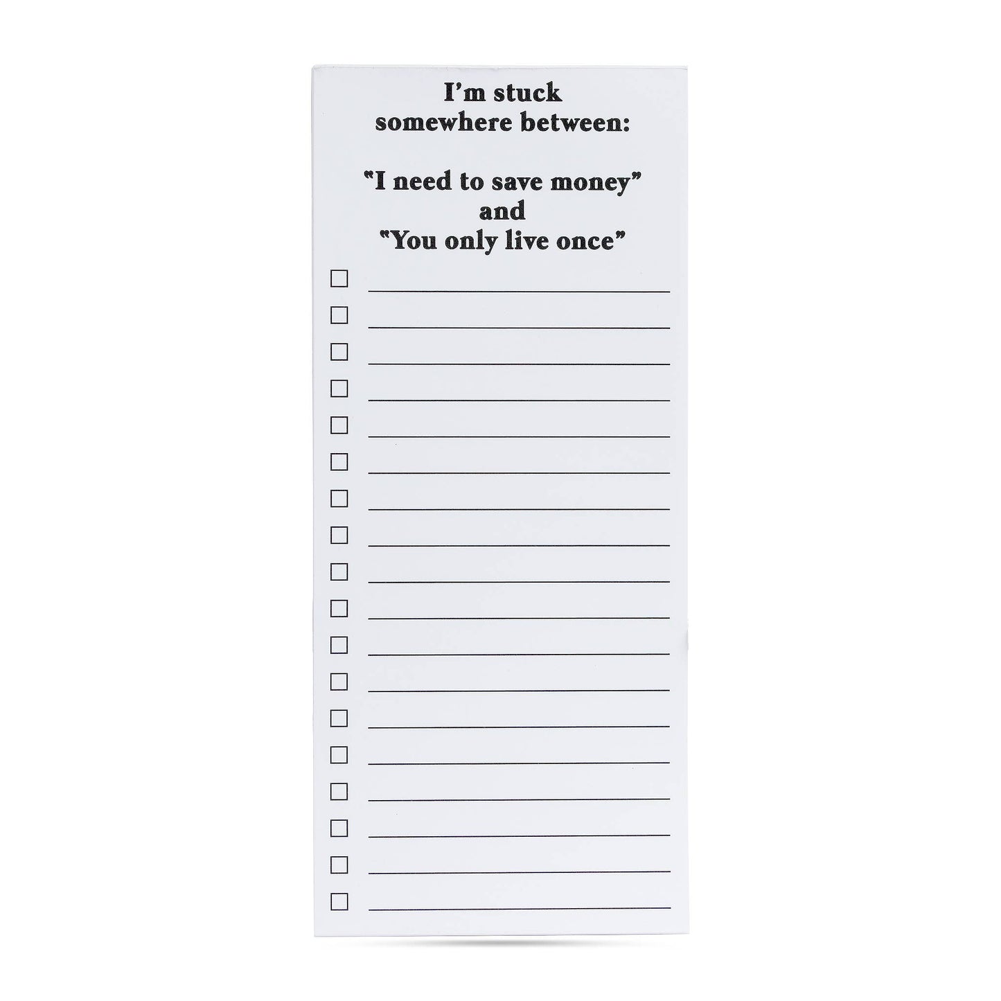 Stuck somewhere between save money & YOLO funny list pad - Fresh Start Candles