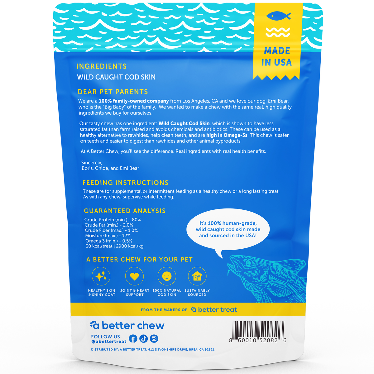 Wild Caught Cod Skin Chews- Natural Alternative to Rawhides - Long Lasting Dog Treats