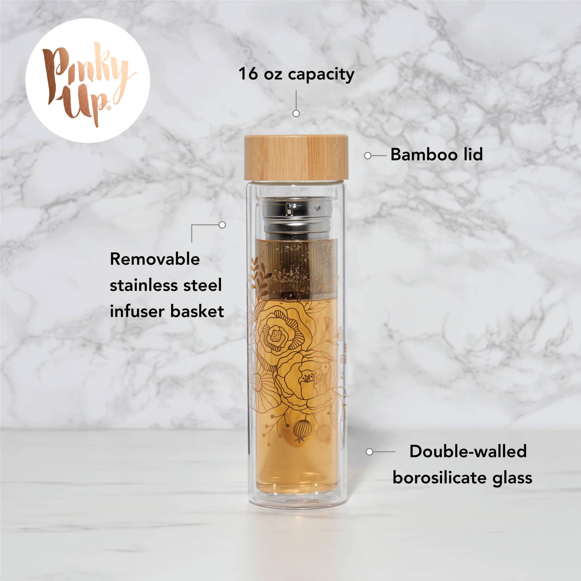 Blair™ Insulated Glass Travel Mug with Tea Infuser Bouqet - Fresh Start Candles