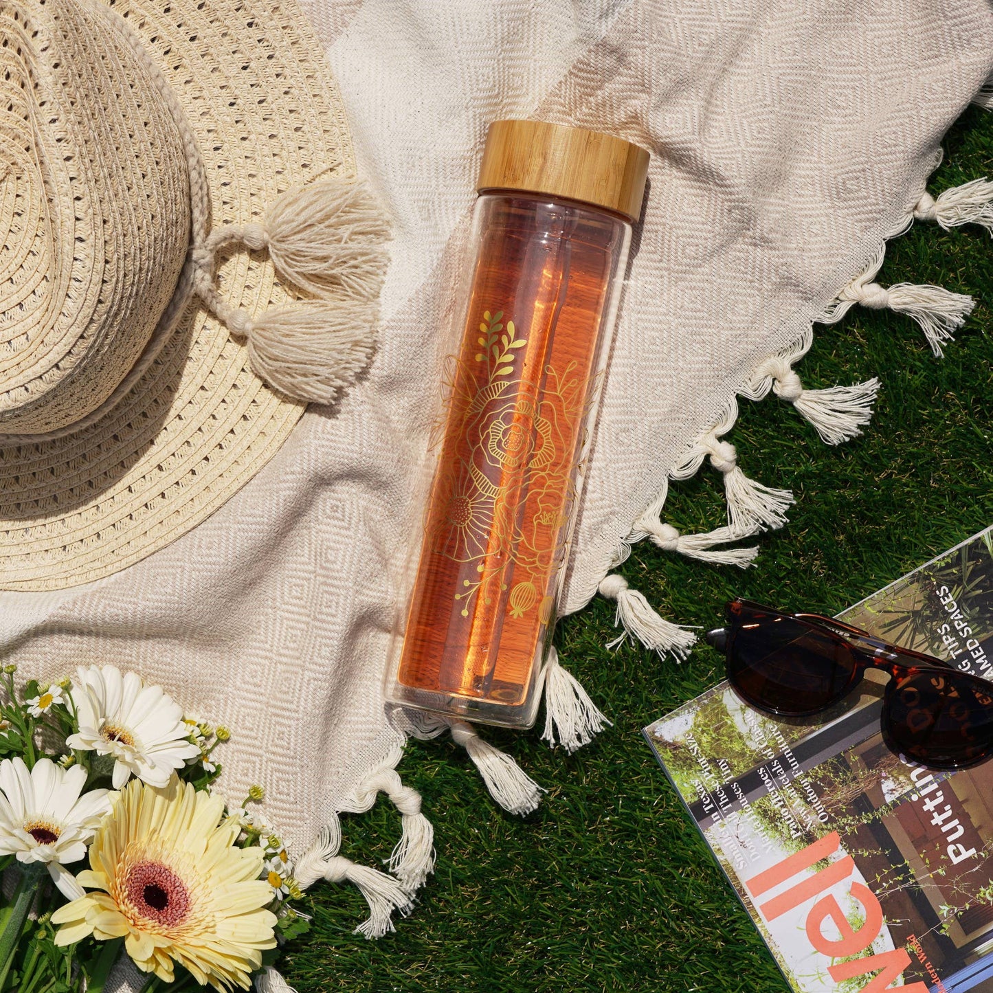 Blair™ Insulated Glass Travel Mug with Tea Infuser Bouqet - Fresh Start Candles