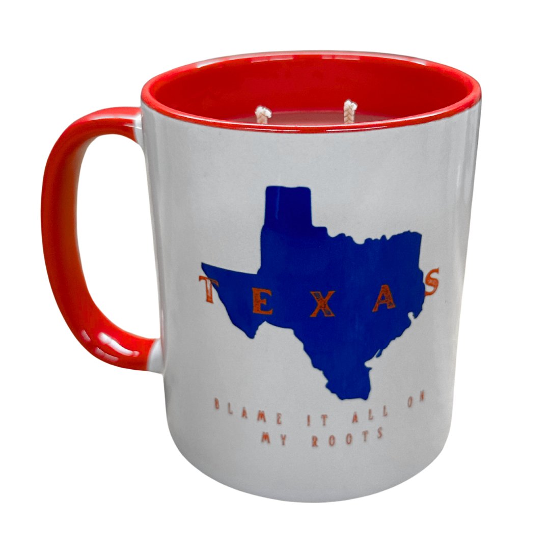 "BLAME IT ALL ON MY ROOTS" Texas State Mug Candle