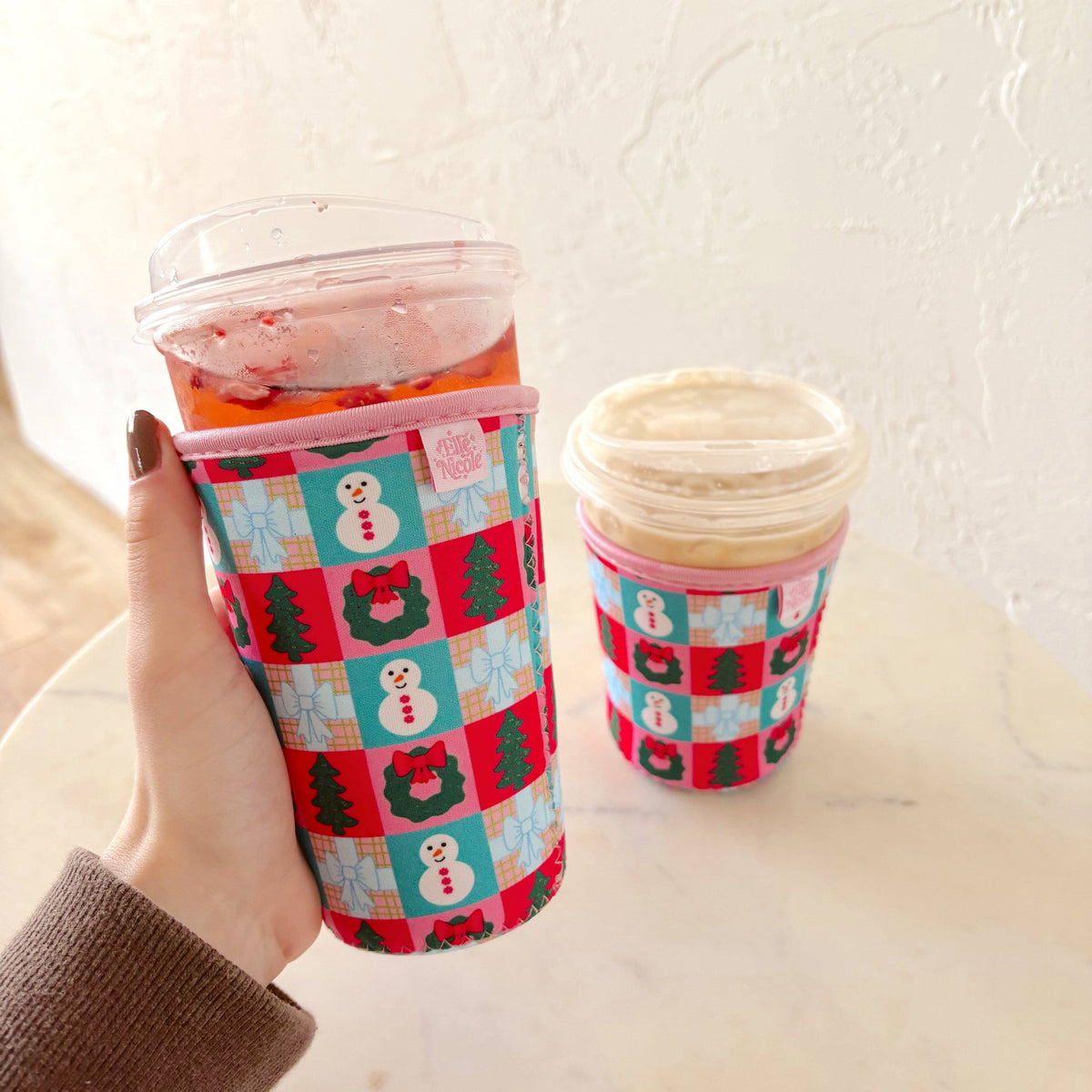 Coffee Cup Cover - Checkered Christmas - Iced Drink Sleeve