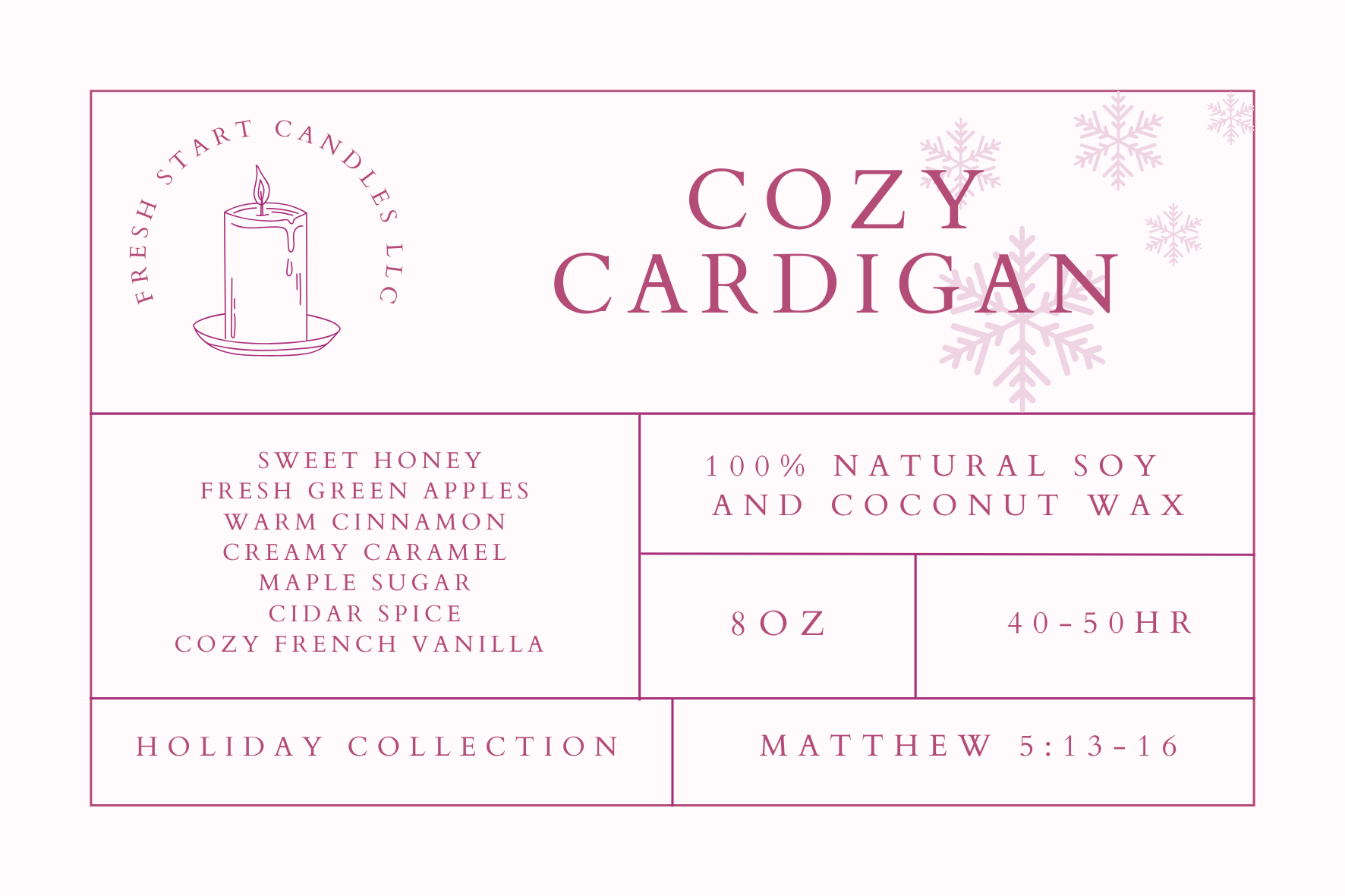 Cozy Cardigan 8oz - Fresh Start Candles