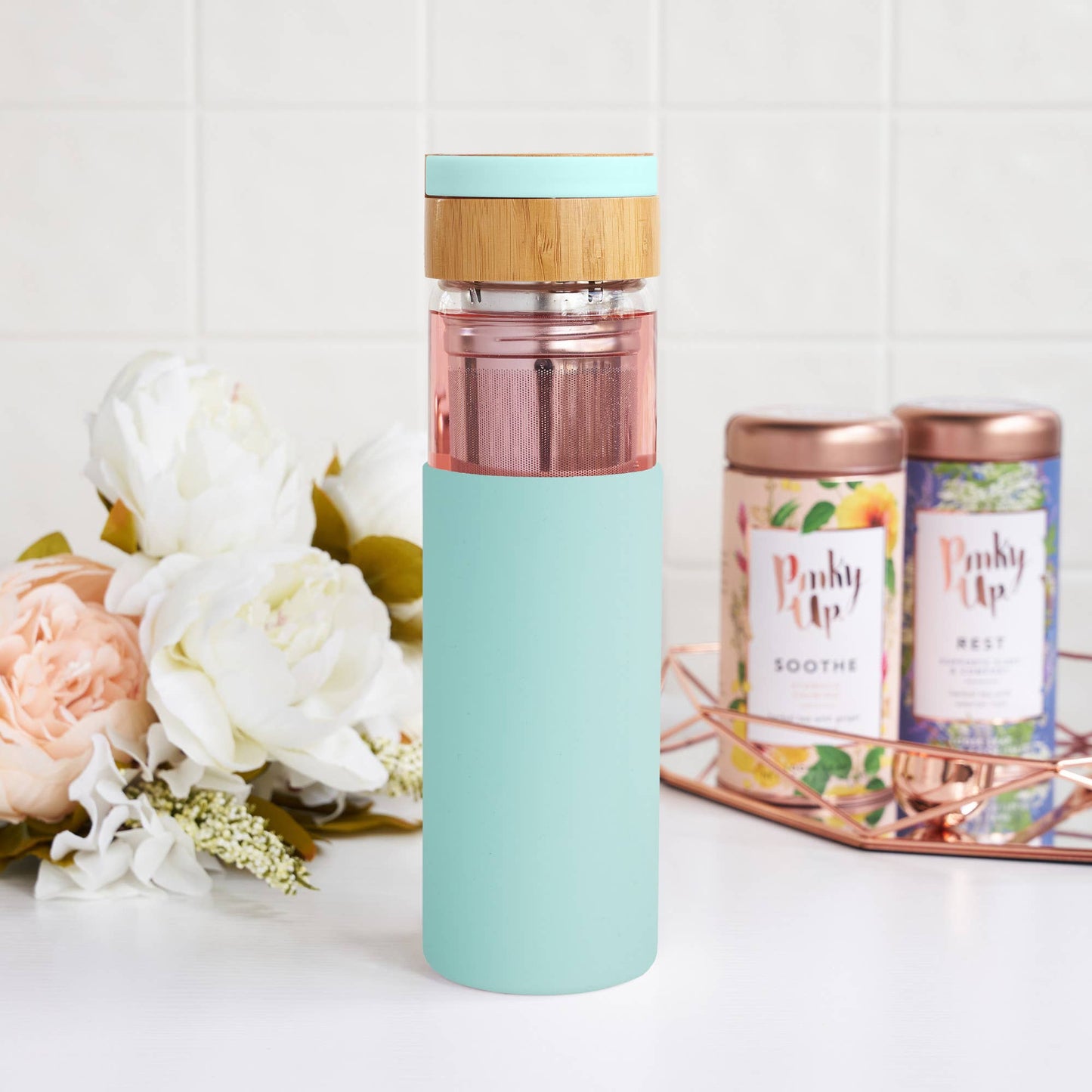 Dana™ Glass Travel Mug Infuser and Silicone Sleeve Turquoise - Fresh Start Candles