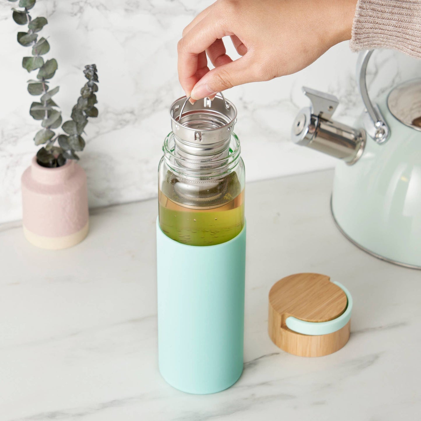 Dana™ Glass Travel Mug Infuser and Silicone Sleeve Turquoise - Fresh Start Candles