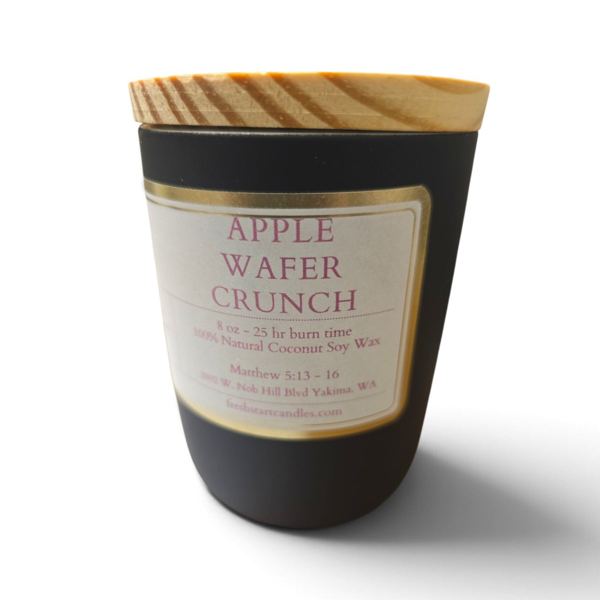 Fresh Start Candles Apple Wafer Crunch scented candle in a black jar with a wooden lid
