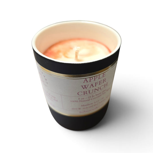 Fresh Start Candles Apple Wafer Crunch scented candle in a black matte vessel with a cotton and hemp wick