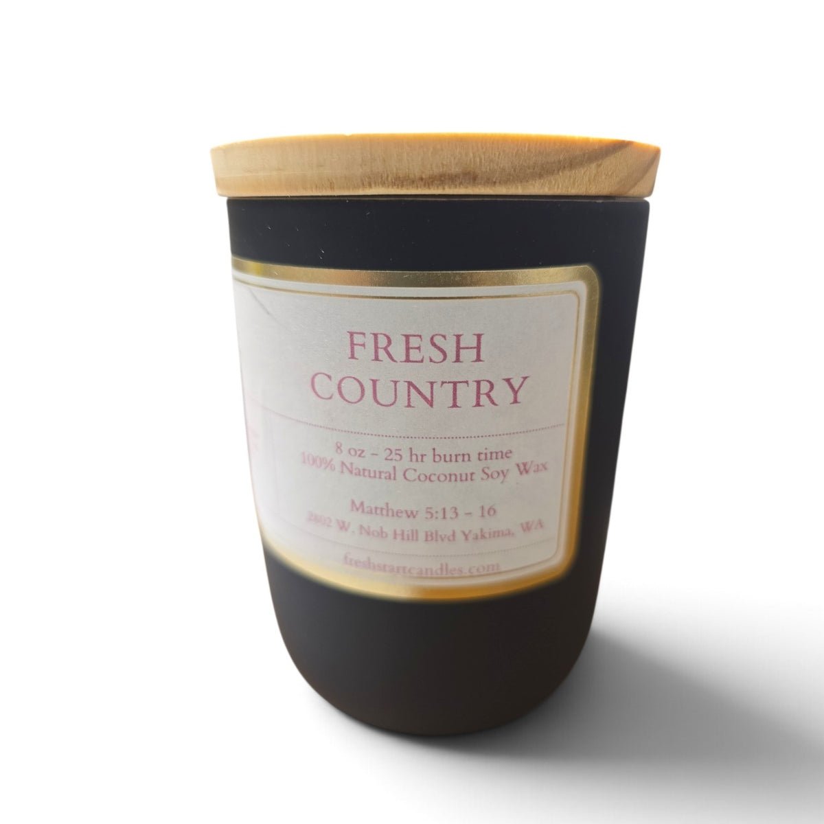 Fresh Start Candles Fresh Country 8oz coconut soy wax candle in a matte black jar with a wooden lid