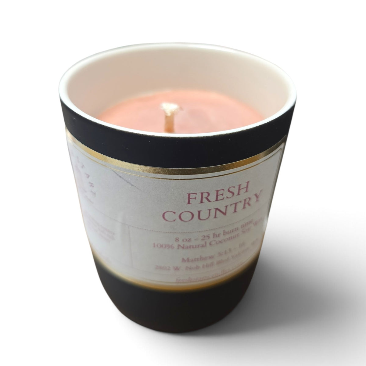 Fresh Start Candles Fresh Country 8oz scented candle in a black and white ceramic vessel with a natural wax blend.