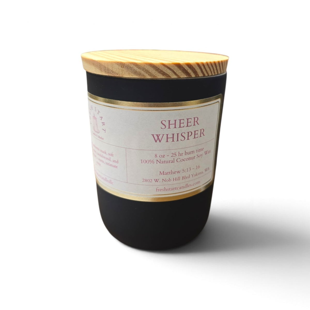 Fresh Start Candles Sheer Whisper 8oz candle in a matte black jar with a light wood lid and cream label.