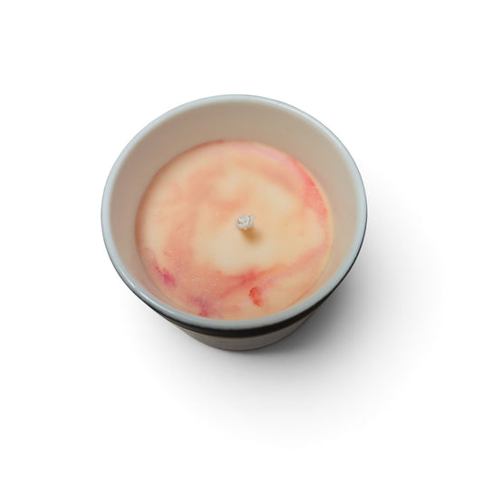 Fresh Start Candles Sheer Whisper 8oz candle with pink and cream swirled soy wax in a ceramic container