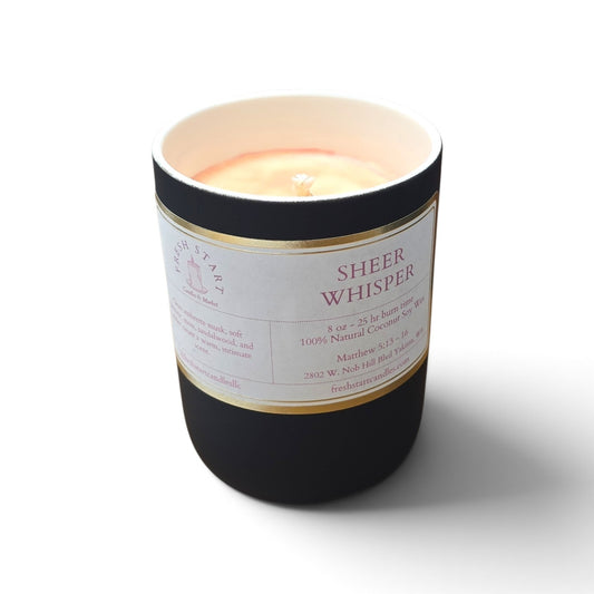 Fresh Start Candles Sheer Whisper 8oz coconut and soy wax candle in a matte black vessel with a white label