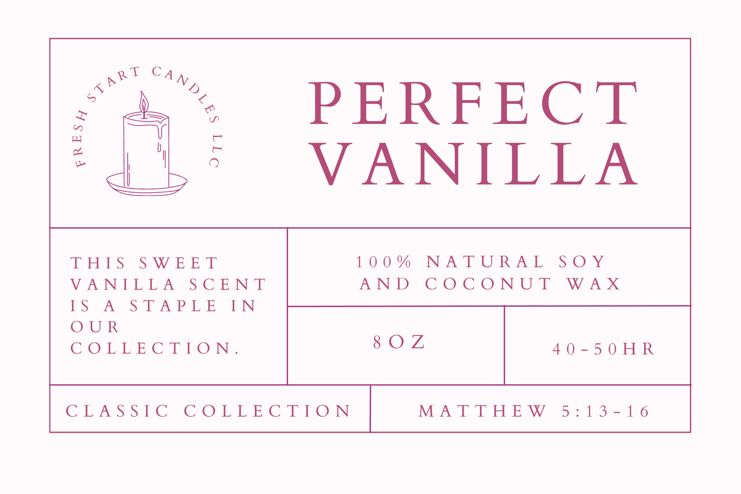 Perfect Vanilla 8oz - Fresh Start Candles