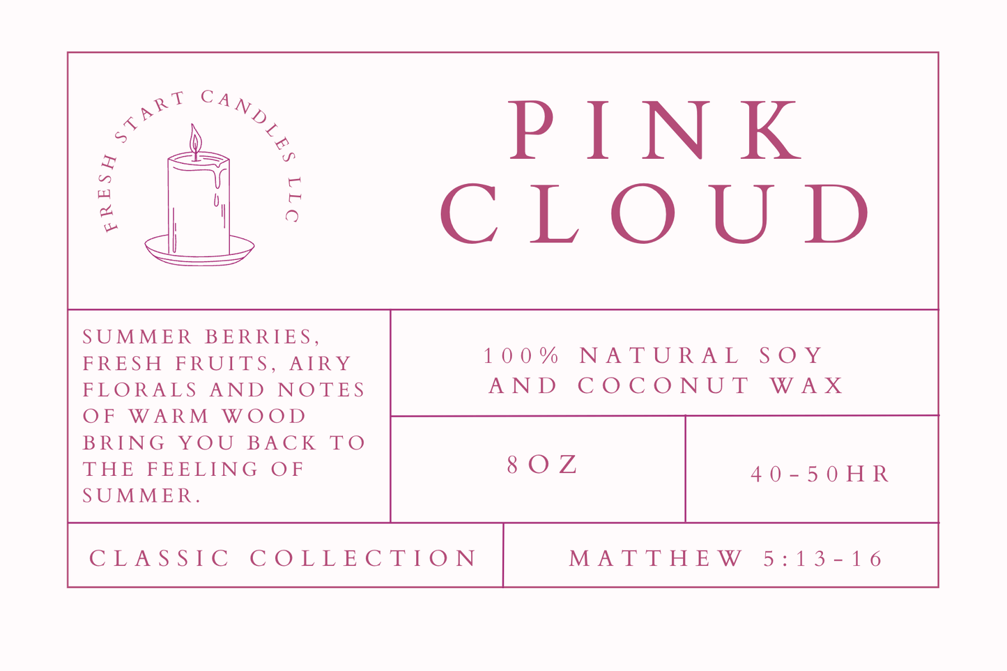 Pink Cloud 8oz - Fresh Start Candles