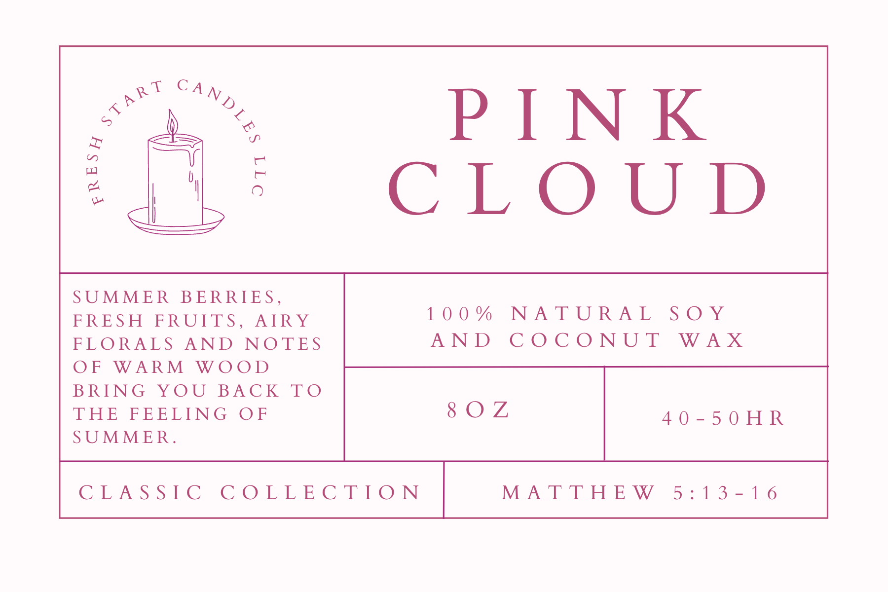 Pink Cloud 8oz - Fresh Start Candles