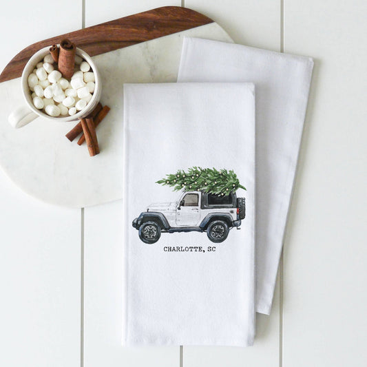 White Jeep Custom Location Tea Towel: White • 100% Cotton - Fresh Start Candles